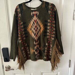 Patterned Fringe Sweater - Green and Brown